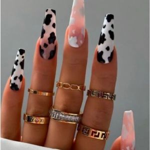 24 Pc Nail Kit Pink white and Black long coffin cow print nails| Press On Nails